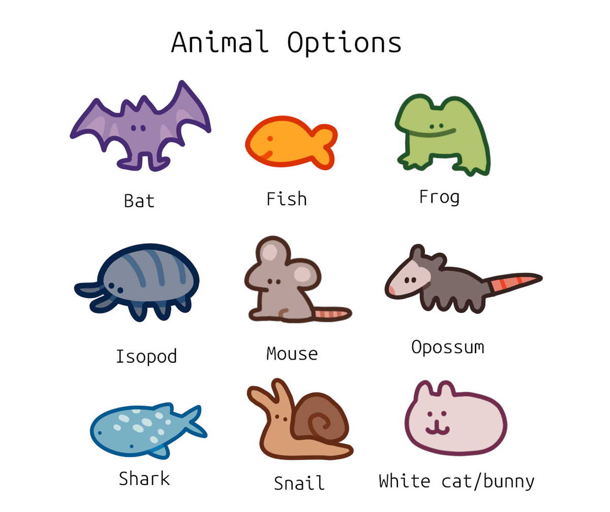 A graphic showing nine cartoon animal illustrations labeled 'Bat', 'Fish', 'Frog', 'Isopod', 'Mouse', 'Opossum', 'Shark', 'Snail', and 'White cat/bunny' under the heading 'Animal Options'.