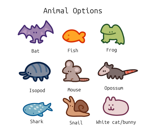 A graphic showing nine cartoon animal illustrations labeled 'Bat', 'Fish', 'Frog', 'Isopod', 'Mouse', 'Opossum', 'Shark', 'Snail', and 'White cat/bunny' under the heading 'Animal Options'.