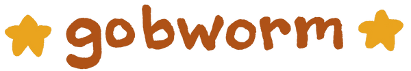 gobworm written in rusty red color, with two yellow handrawn stars on the left and right side