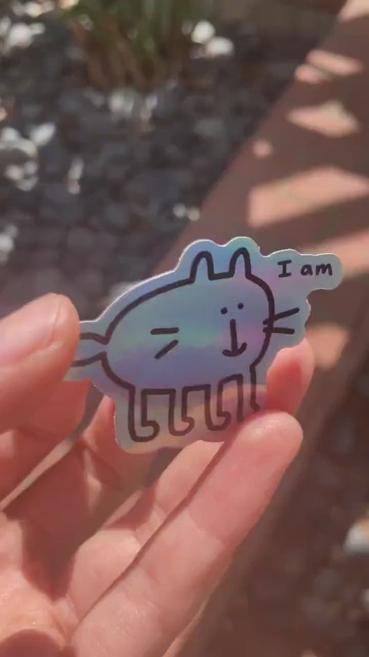 Video demonstrating holographic effect on i am cat sticker, there is rainbow reflection based on the light angle
