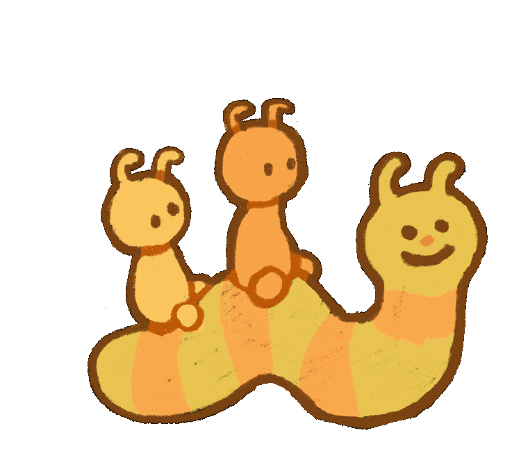Animated gif of two little creatures with antenna riding on a inchworm 
